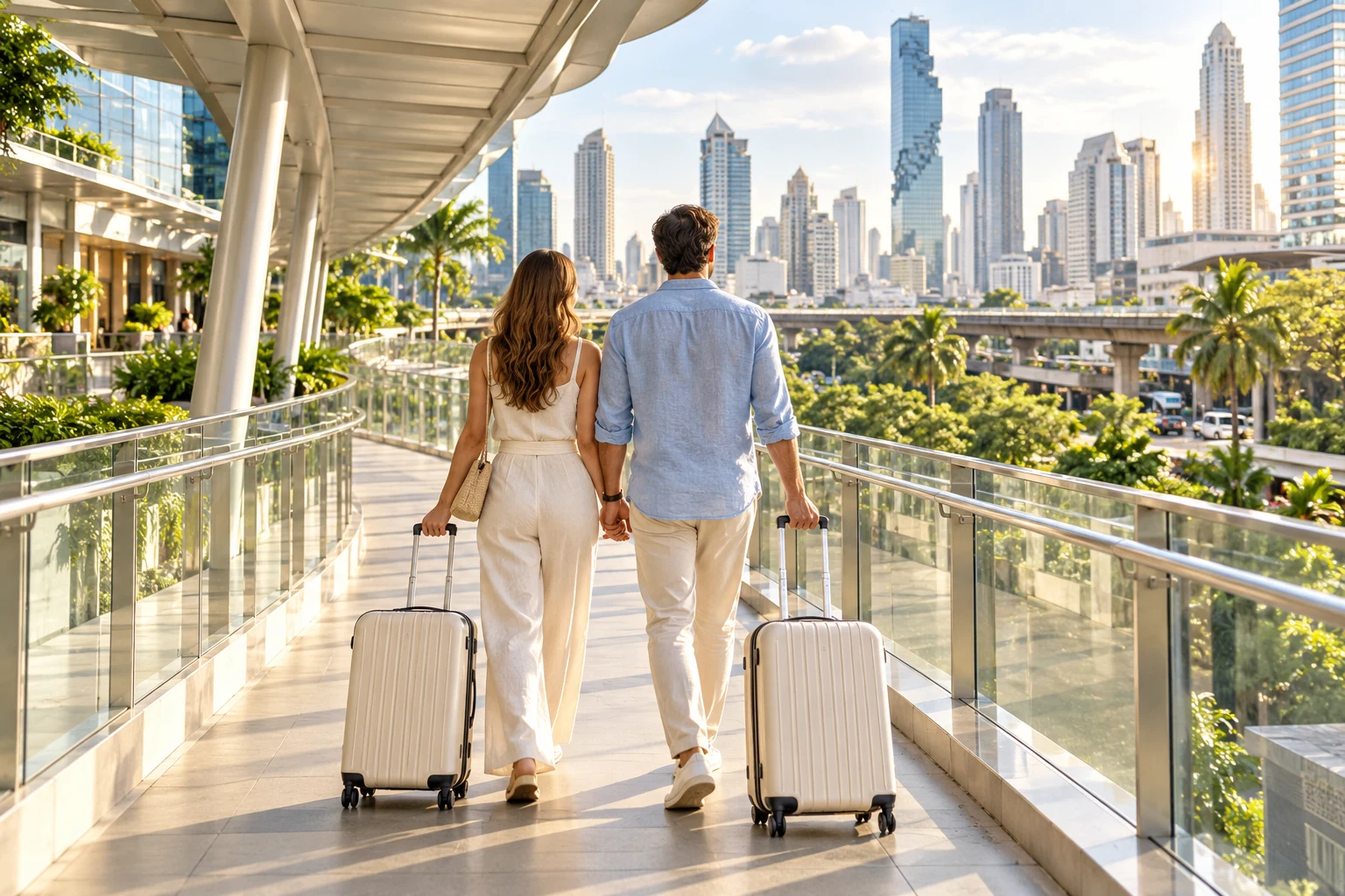 AI-generated travel illustration of a couple arriving in Bangkok, not actual clients