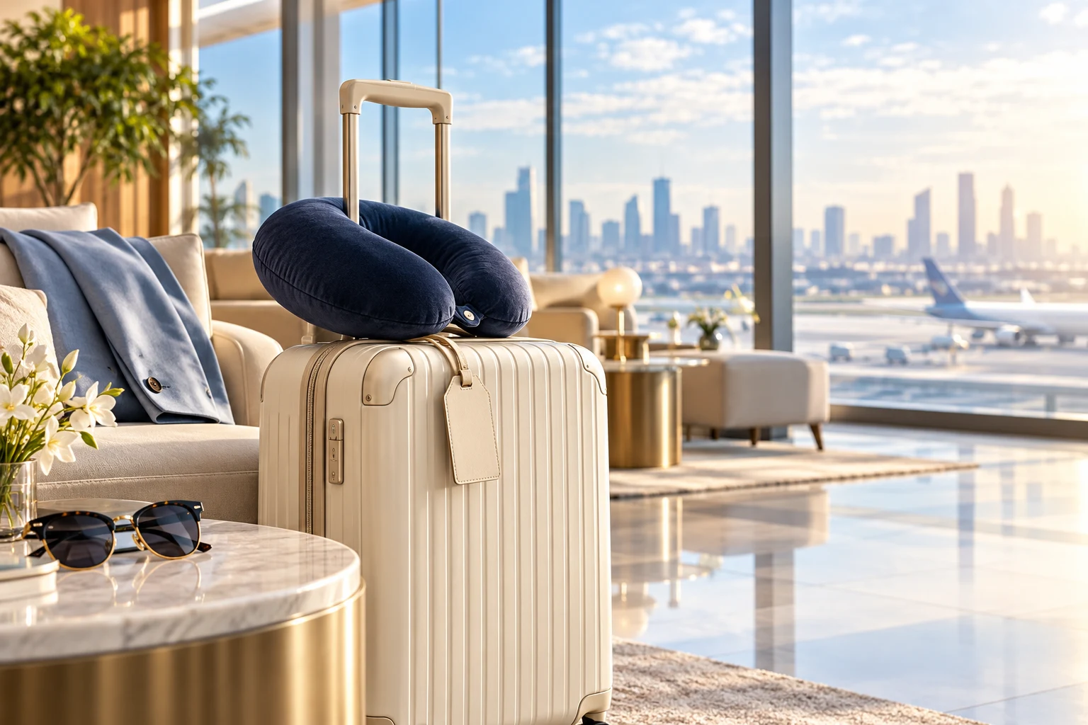 Illustrative travel essentials and carry-on luggage in a bright airport lounge