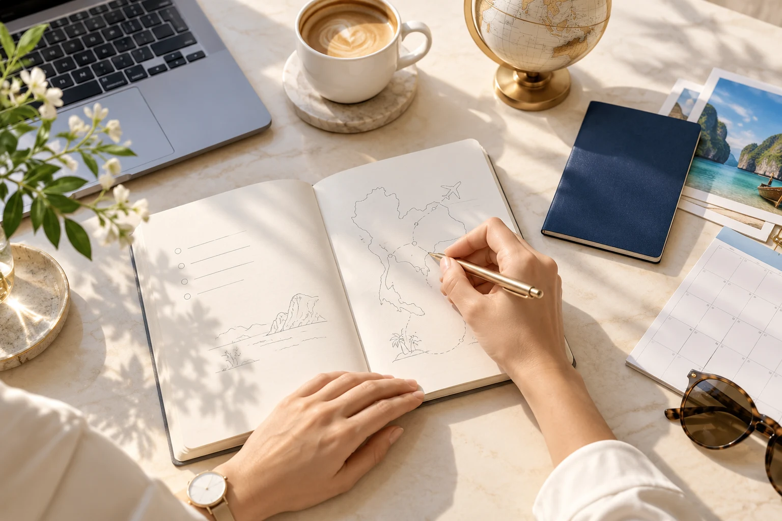 Illustrative organised travel-planning desk with a notebook and travel essentials